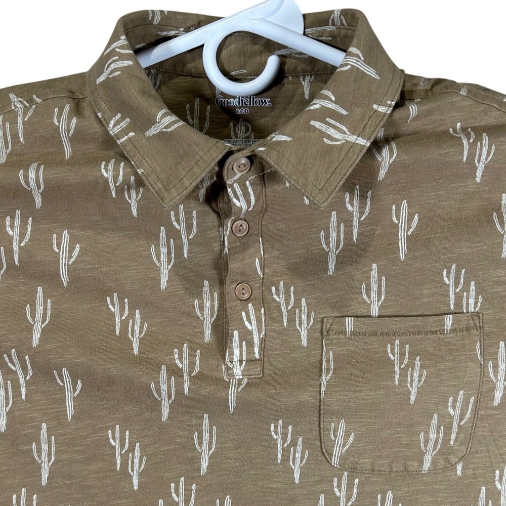 Goodfellow & Co Mens Tan Cactus Print Knit Polo Shirt Large‎ Brown Large